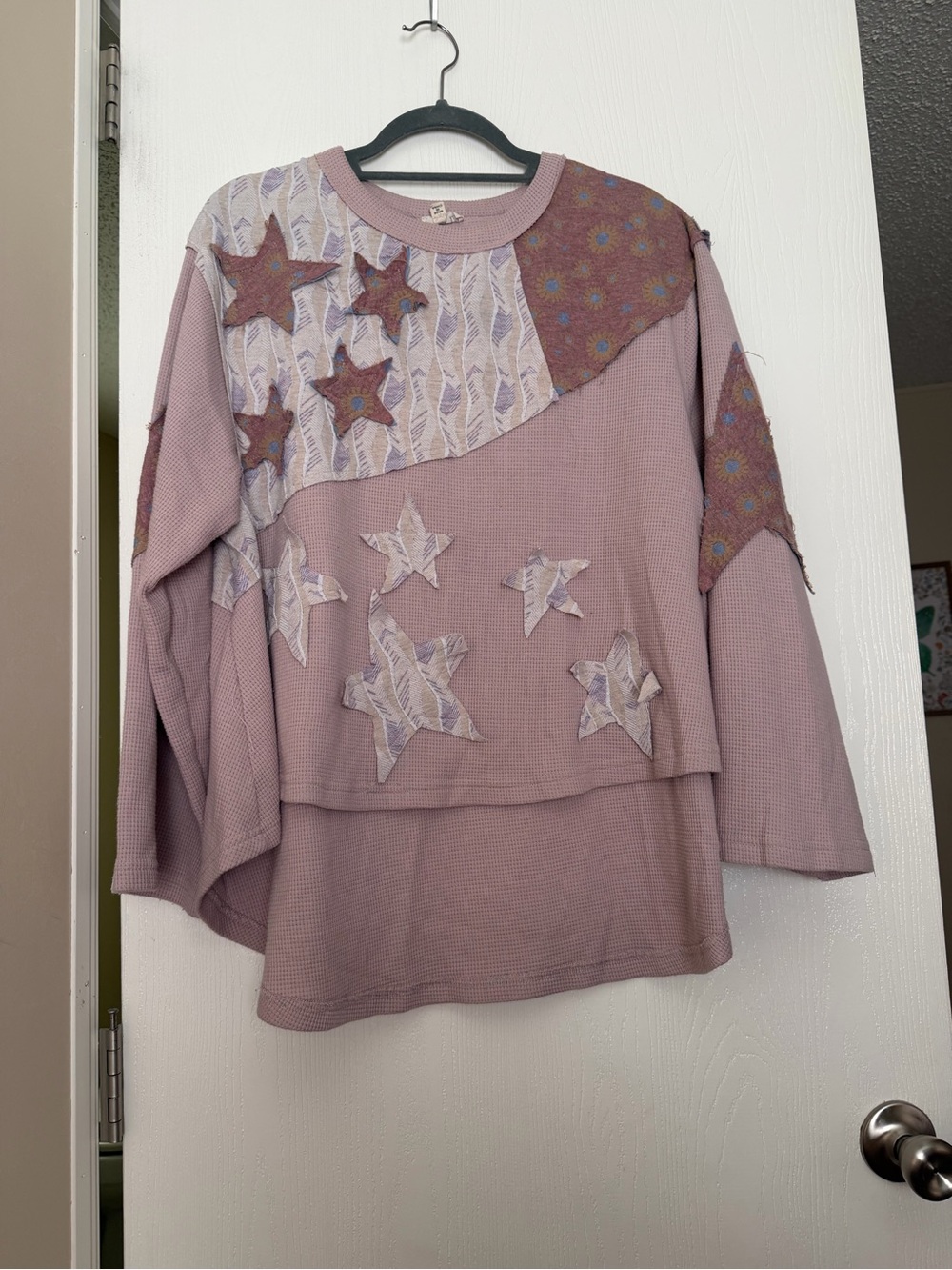 POL Lavender Star Patch Mixed-Print Pullover